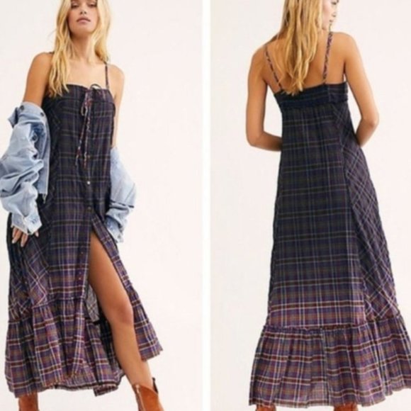 New We The Free x Free People Plaid City XS Purple Button Front Maxi Top / Dress - Picture 3 of 4
